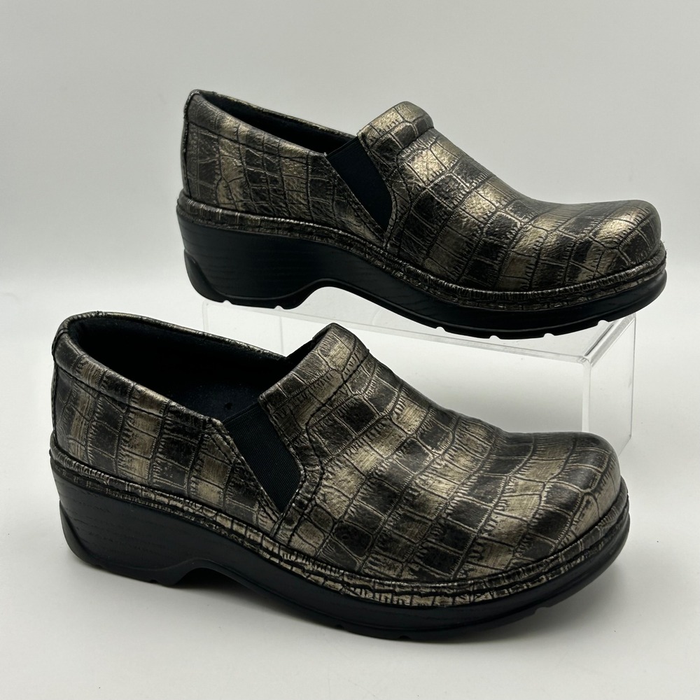 Klogs‎ Naples Clog Women 7.5M Pewter Metallic Croc Leather Slip On Comfort Work